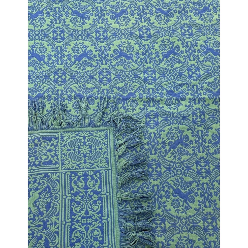 VTG Brentwood Originals MCM Knit Bedspread Green & Blue W/ Cherubs Sz Full